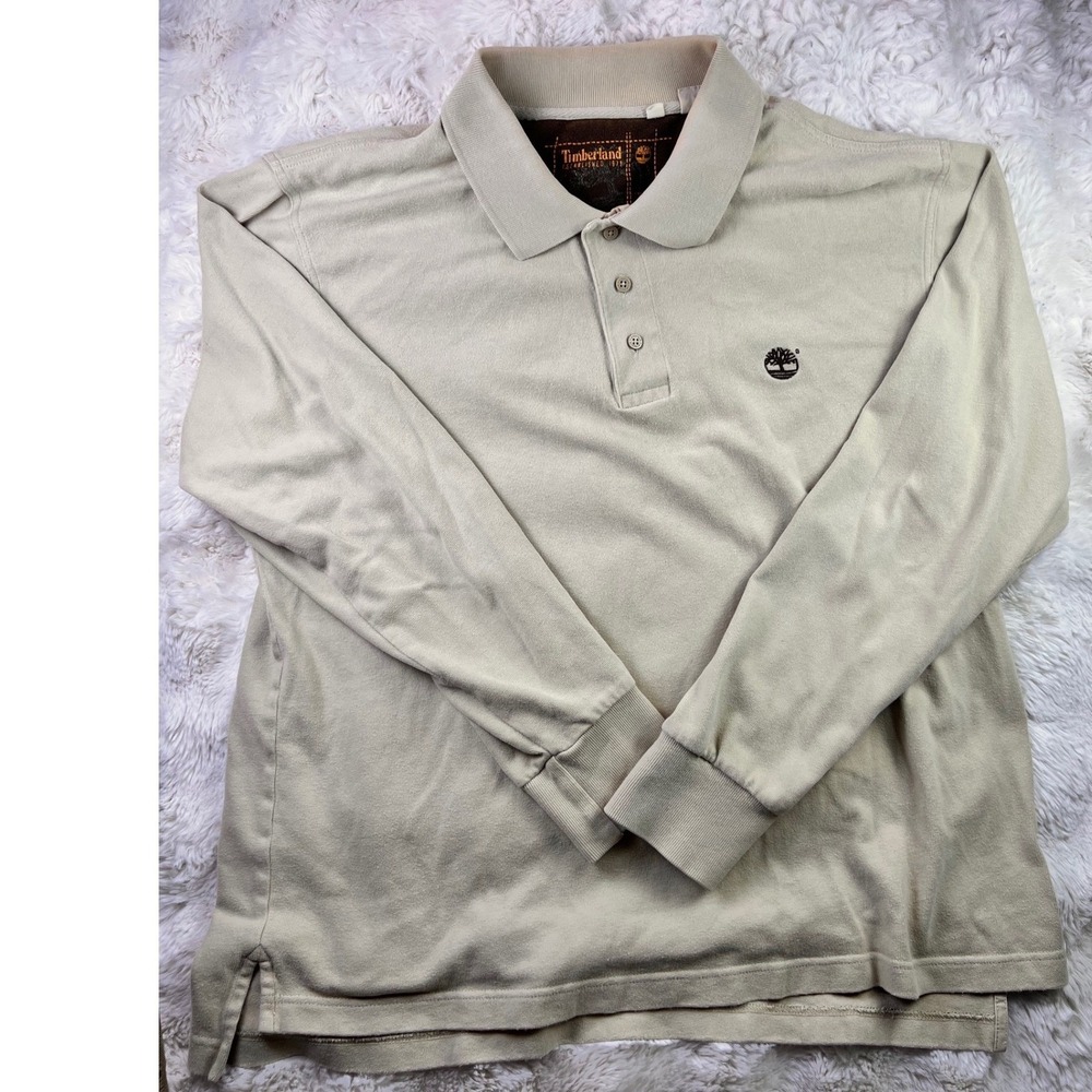Timberland Mens Long Sleeve Polo Shirt Beige Tan Embroidered Logo XL. A9